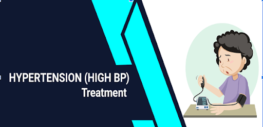 Illustration of a person checking their blood pressure with a blood pressure monitor, accompanied by text about hypertension (high BP) treatment.
