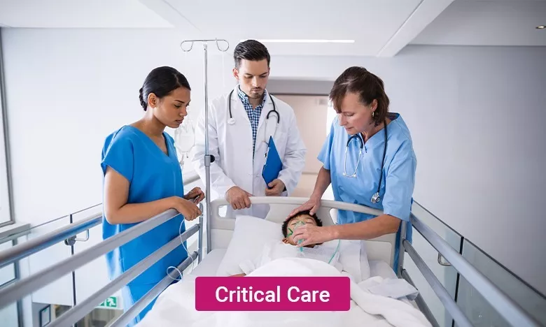 Medical professionals attending to a patient in a hospital bed, with an IV drip attached, under the banner "Critical Care."