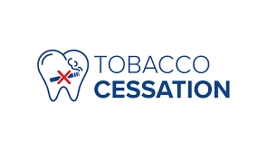 Illustration of a tooth with a no-smoking sign next to the text "Tobacco Cessation."