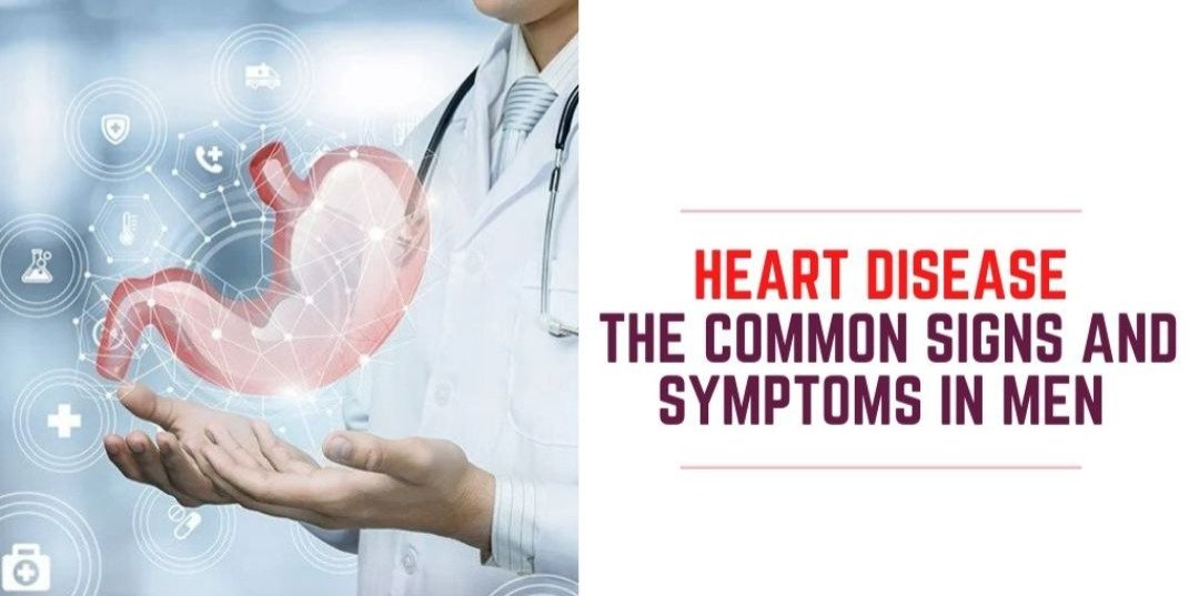 A doctor holding a digital hologram of a heart with the text "Heart Disease: The Common Signs and Symptoms in Men."