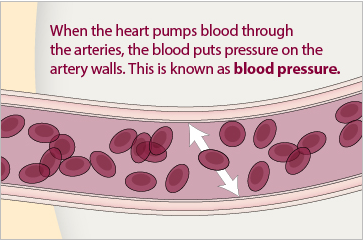 Illustration of blood flow through an artery with text explaining blood pressure.