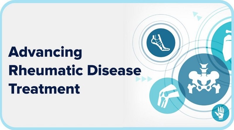 Graphic representation of joints and bones with the text "Advancing Rheumatic Disease Treatment."